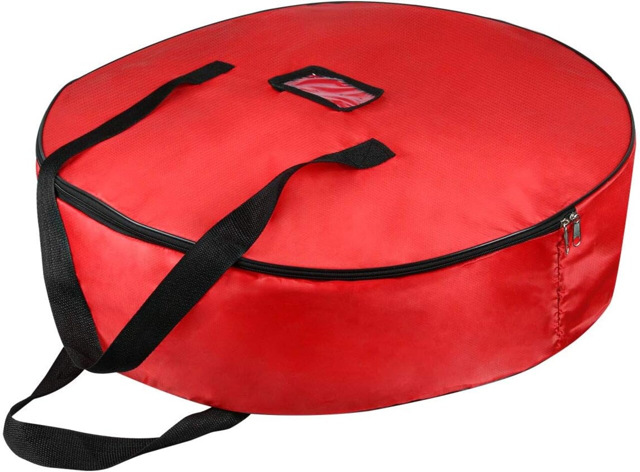 25" Christmas Wreath Storage Bag - Christmas Large Wreath Storage Container Cover - Heavy Duty Reinforced Wide Handle and Double Sleek Zipper - Protect Your Christmas Garland Party Decorations- Red